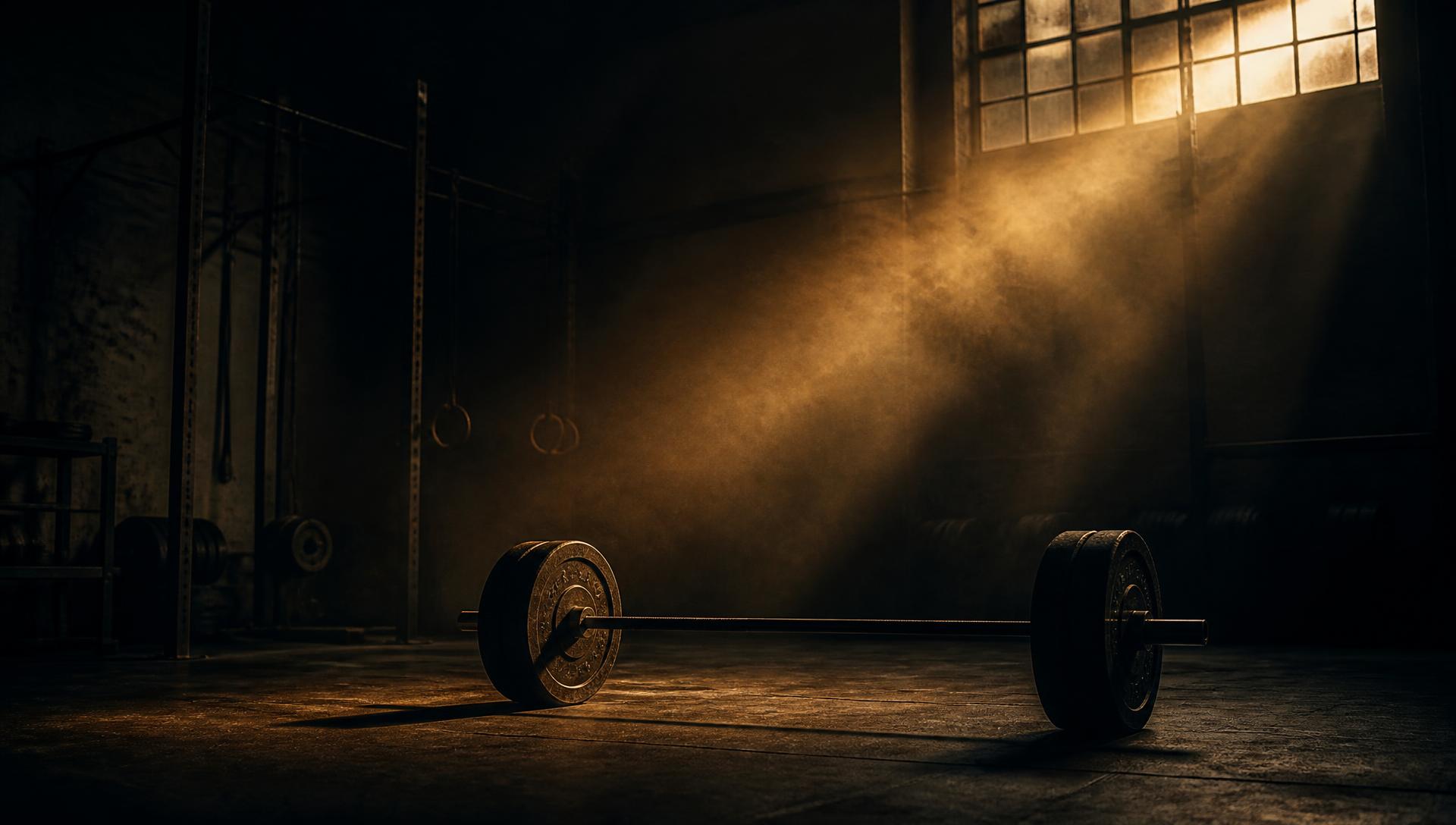 Loaded barbell on the floor of a dark gym with golden light streaming through a window