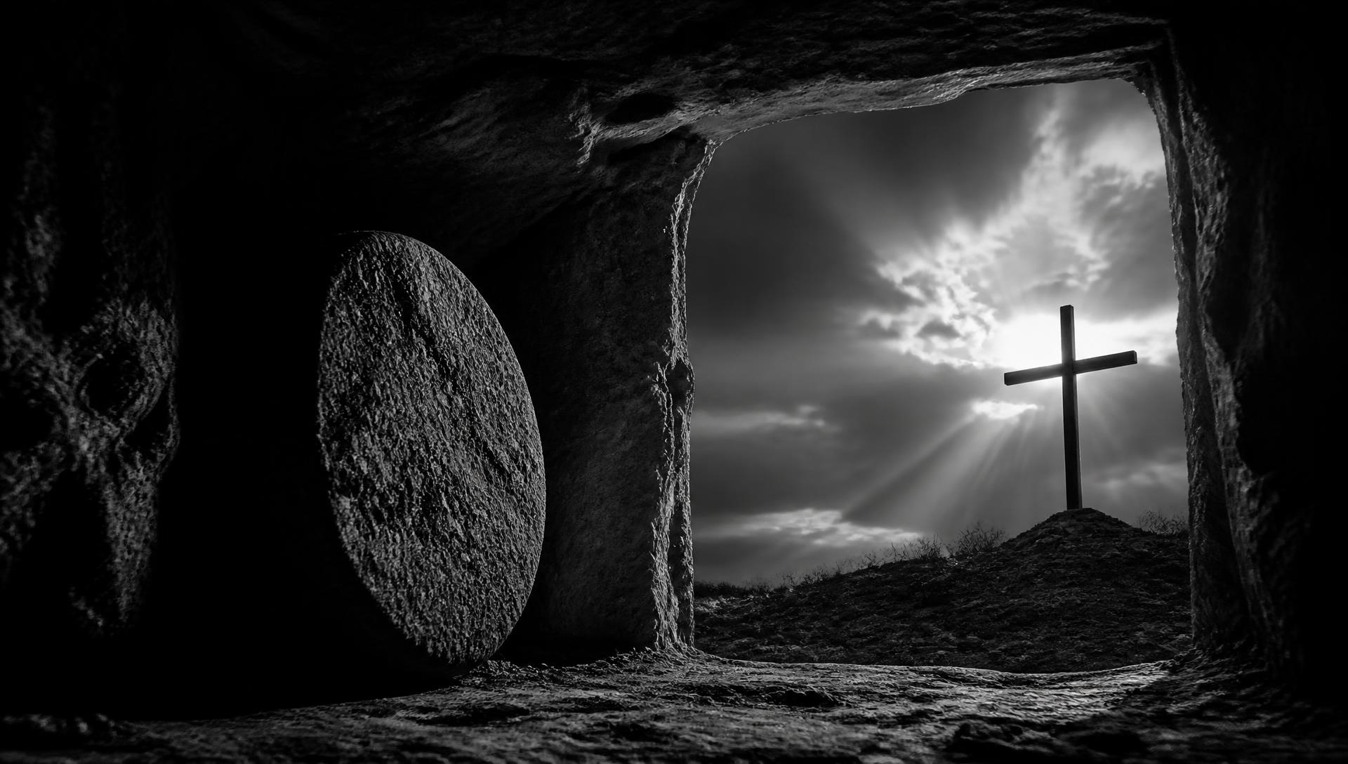 Empty tomb with the stone rolled away, light streaming through the entrance toward a cross on a distant hill